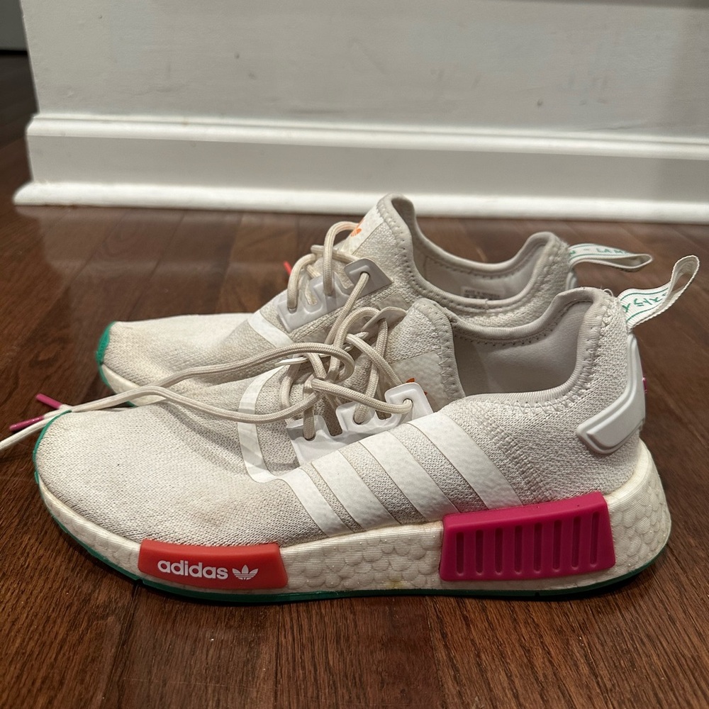 adidas Women’s White Sneakers with Pink and Teal Accents
